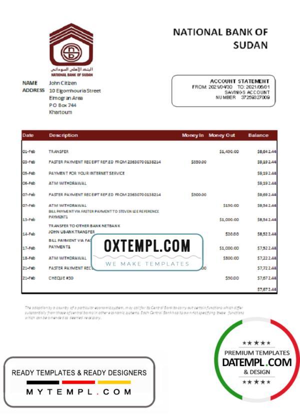 editable template, Sudan National Bank of Sudan bank statement easy to fill template in Excel and PDF format