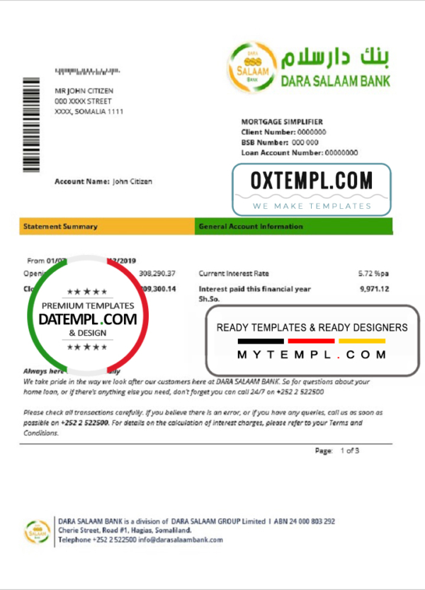 editable template, Somalia Dara Salaam Bank statement template in Word and PDF format, good for address prove