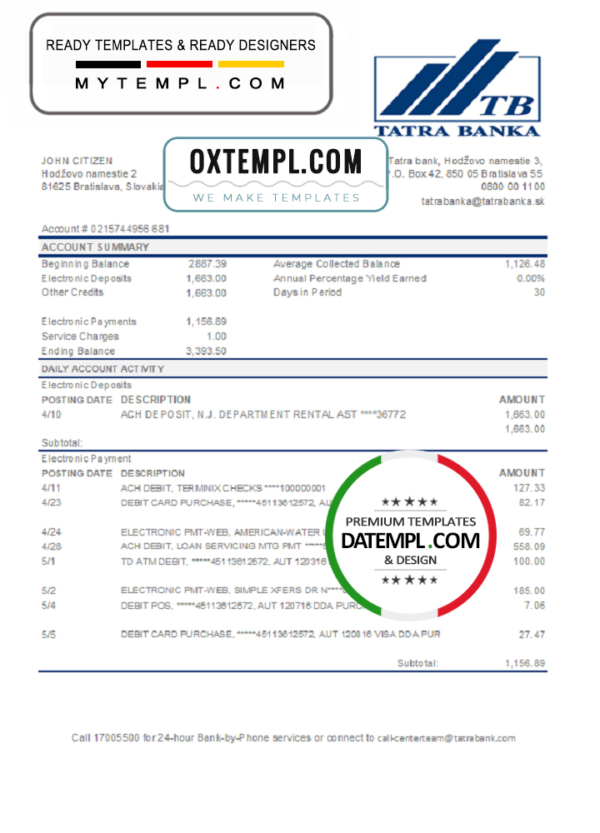 editable template, Slovakia Tatra Bank statement easy to fill template in .xls  and .pdf file format
