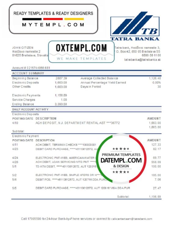 editable template, Slovakia Tatra Bank proof of address statement template in Word and PDF format