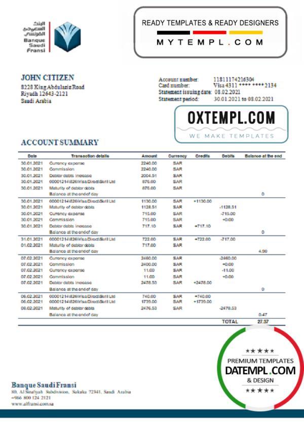 editable template, Saudi Arabia Banque Saudi Fransi bank statement template in Word and PDF format, good for address prove