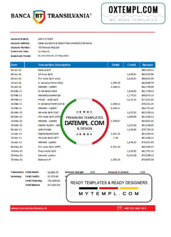 editable template, Romania Banca Transilvania bank statement easy to fill template in .xls and .pdf file format