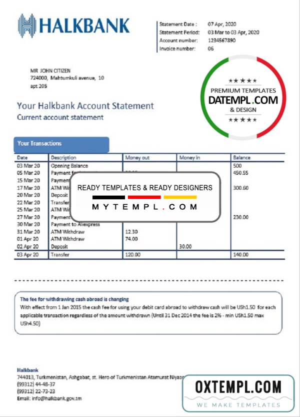 editable template, Turkmenistan Halkbank proof of address bank statement template in Word and PDF format, .doc and .pdf format