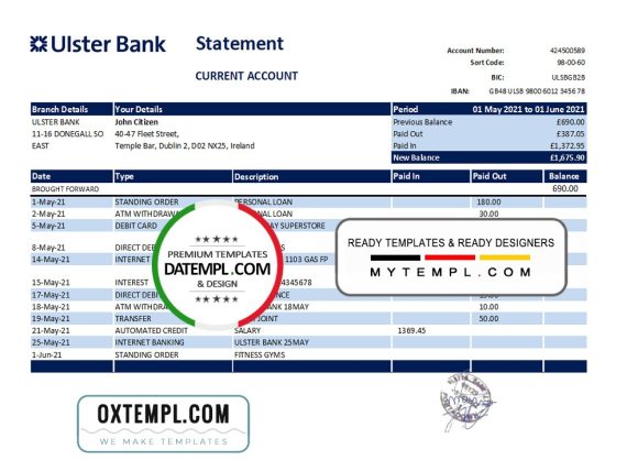 editable template, Republic of Ireland Ulster Bank statement easy to fill template in Excel and PDF format