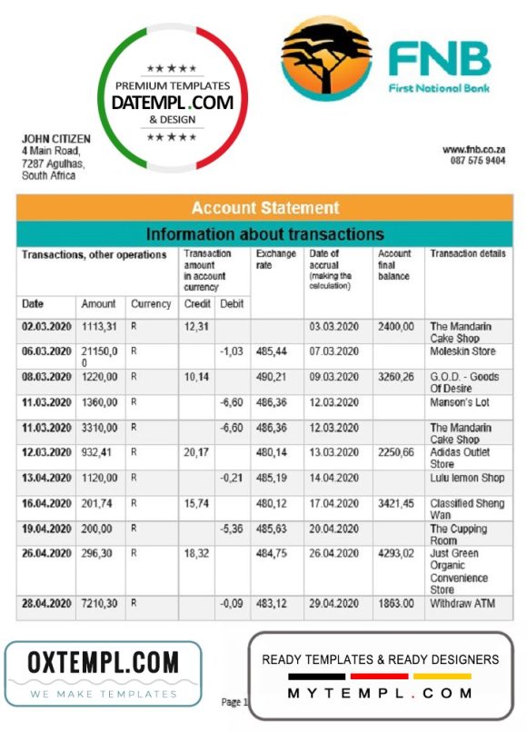 editable template, South Africa First National Bank (FNB) proof of address statement template in Word and PDF format