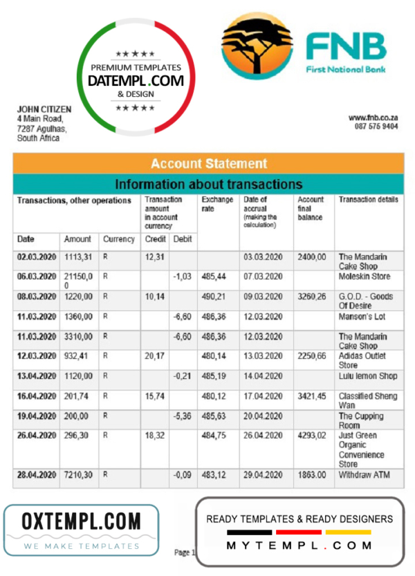 editable template, South Africa First National Bank (FNB) proof of address statement template in Word and PDF format