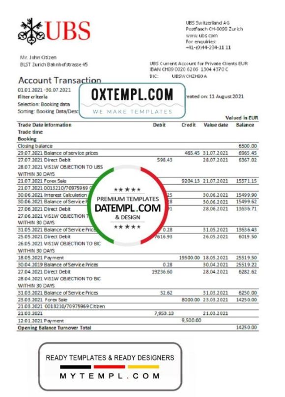editable template, Switzerland UBS Bank statement easy to fill template in Excel and PDF format
