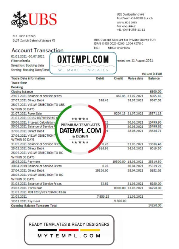 editable template, Switzerland UBS Bank statement easy to fill template in Excel and PDF format