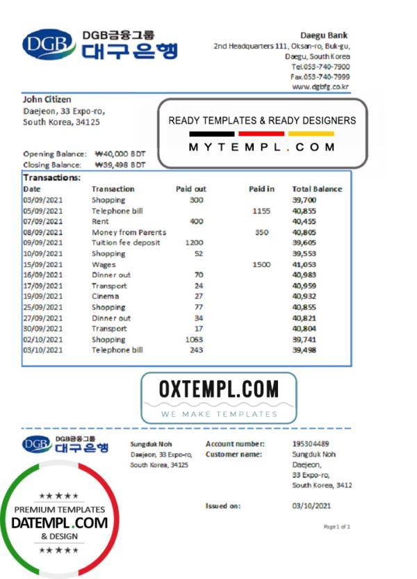 editable template, South Korea Daegu bank statement easy to fill template in Excel and PDF format
