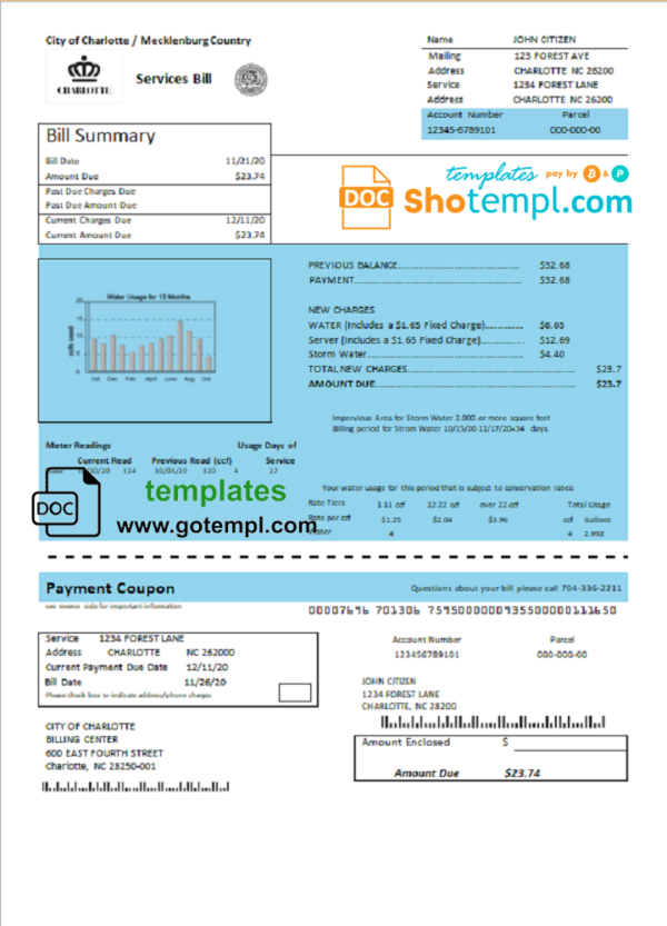 editable template, USA North Carolina City of Charlotte water utility bill template in Word and PDF format