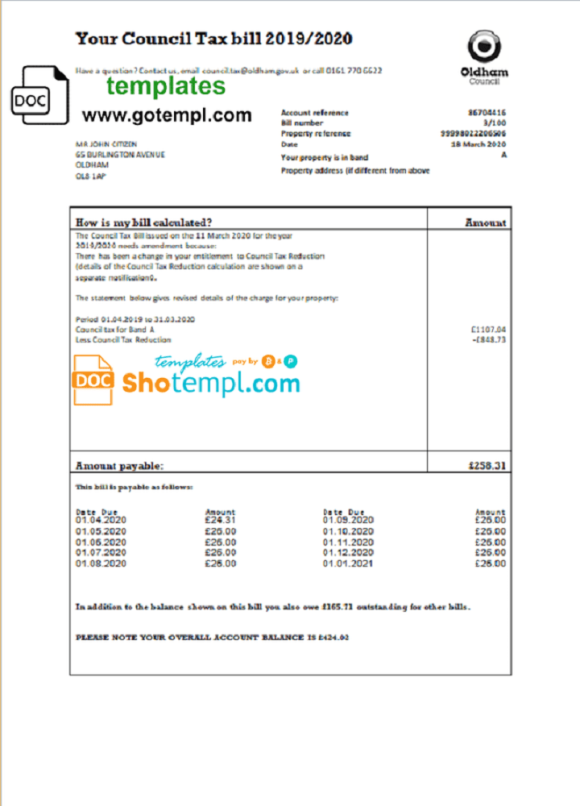editable template, United Kingdom Oldham council tax bill template in Word and PDF format