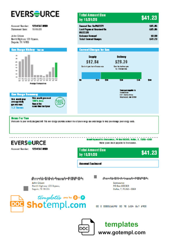 editable template, USA Eversource gas utility bill template in Word and PDF format, good for address prove