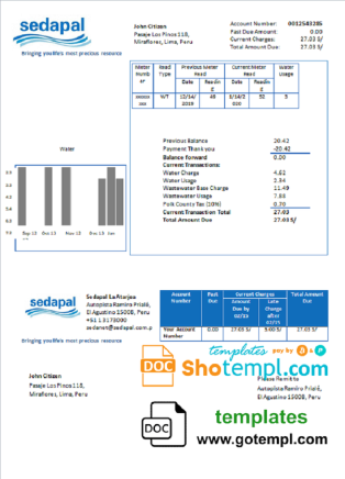 editable template, Peru Sedapal La Atarjea water utility bill template in Word and PDF format