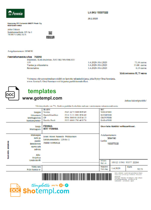editable template, Finland Fennia Insurance company bill template in Word and PDF format