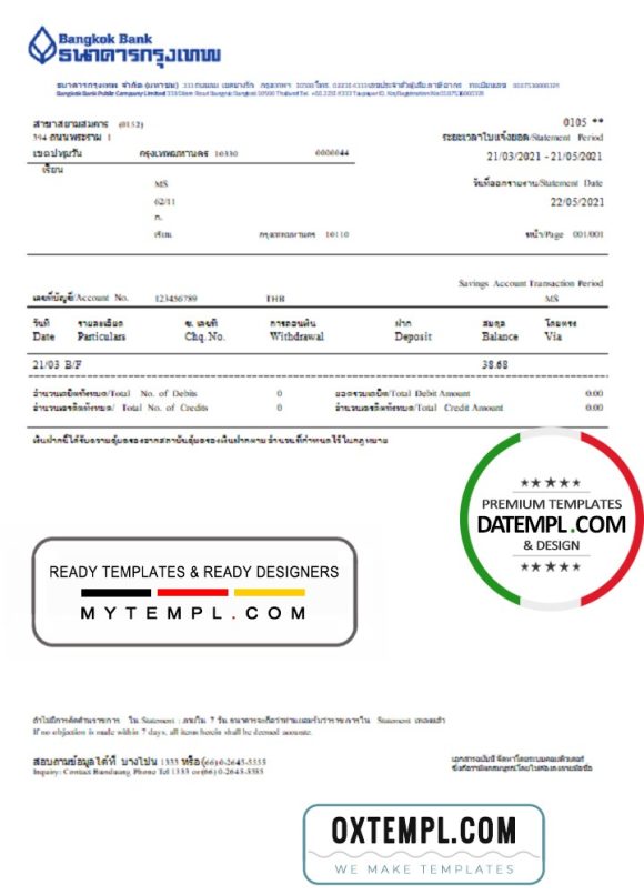 editable template, Thailand Bangkok Bank online banking transaction statement template in Word and PDF format