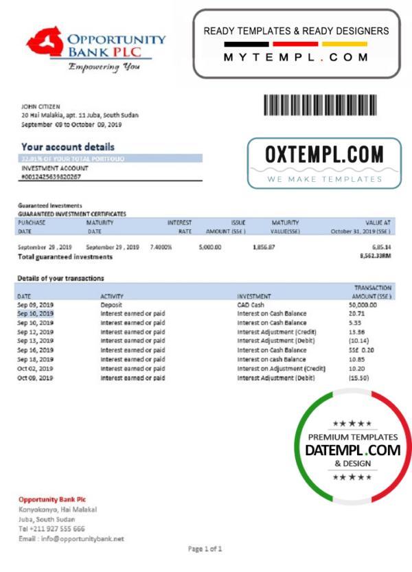 editable template, South Sudan Opportunity Bank statement template in Word and PDF format
