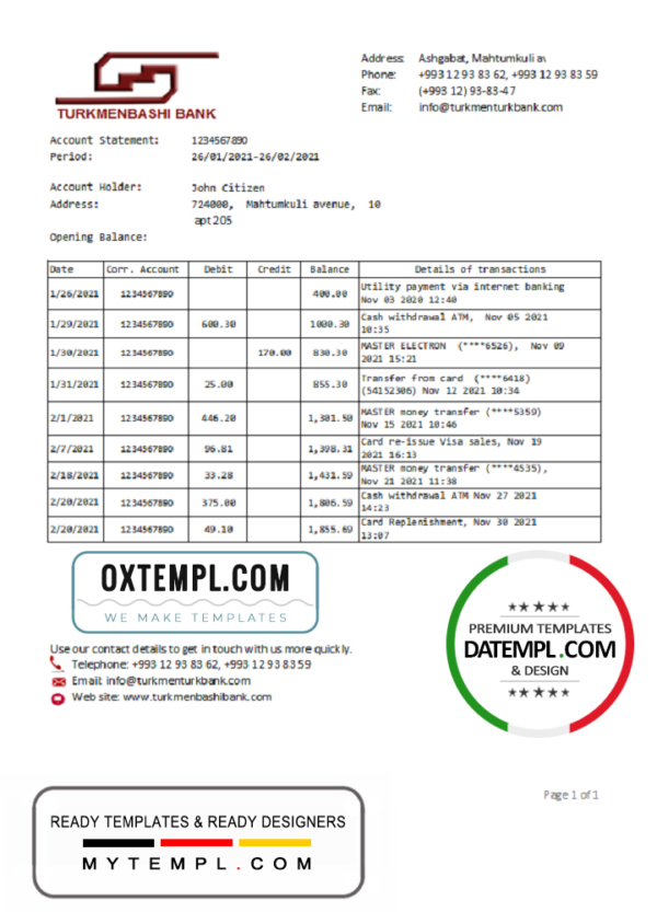 editable template, Turkmenistan Turkmenbashi Bank statement template, Excel and PDF format