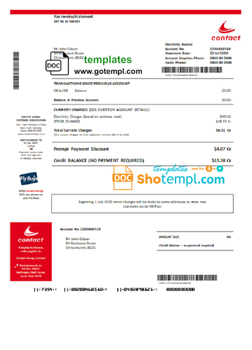 editable template, New Zealand Contact Energy proof of energy template in Word and PDF format