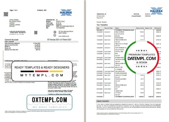 editable template, United Kingdom Halifax bank proof of address statement template in Excel and PDF format (2 pages)