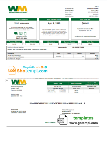 editable template, USA Waste Management bank statement template in Word and PDF format, good for address prove