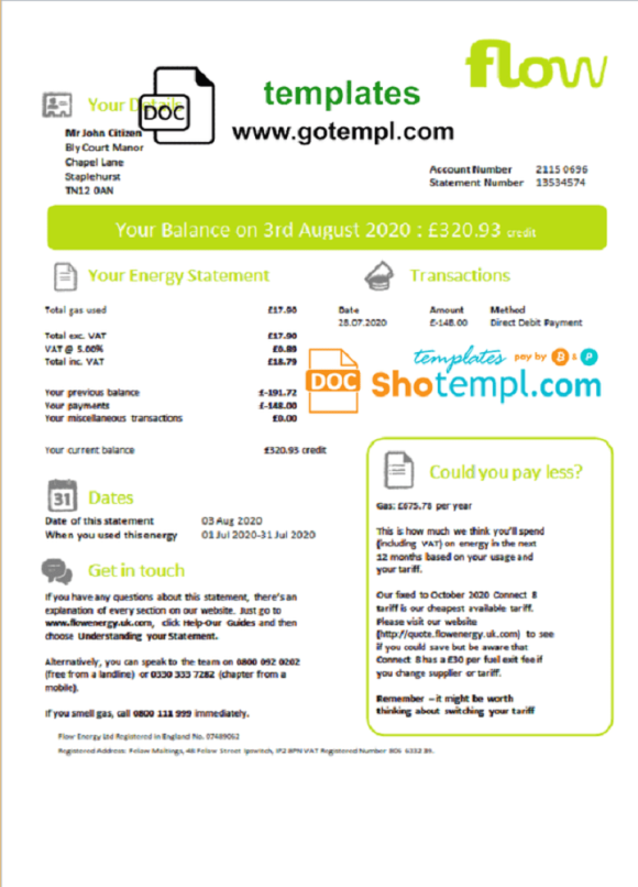 editable template, United Kingdom Flow Energy utility bill template in Word and PDF format