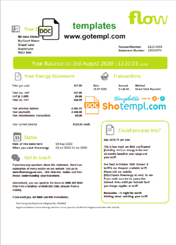 editable template, United Kingdom Flow Energy utility bill template in Word and PDF format