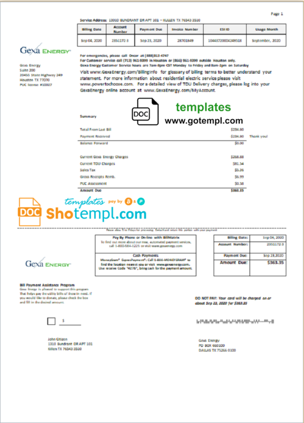 editable template, USA Texas Gexa Energy utility bill template in Word format