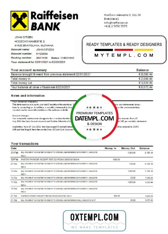editable template, Slovakia Raiffeisen Bank statement easy to fill template in Excel and PDF format