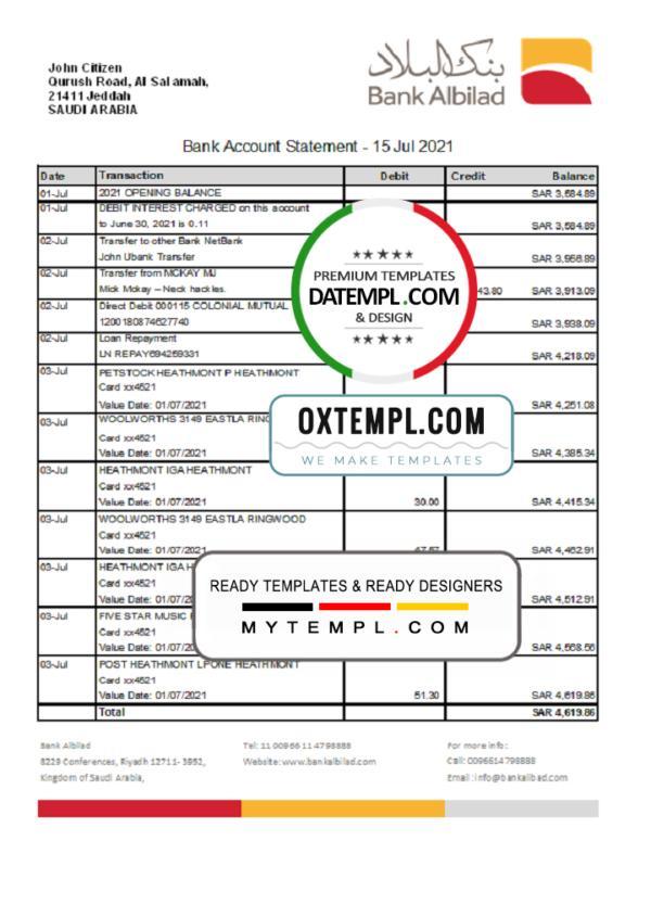 editable template, Saudi Arabia Bank Albilad bank statement easy to fill template in Excel and PDF format
