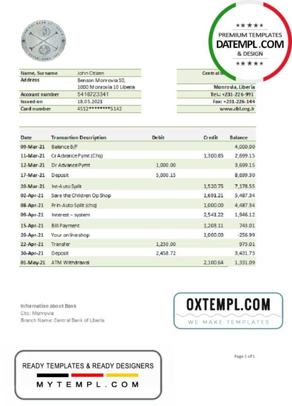 editable template, Liberia Central Bank of Liberia bank statement easy to fill template in .xls and .pdf file format