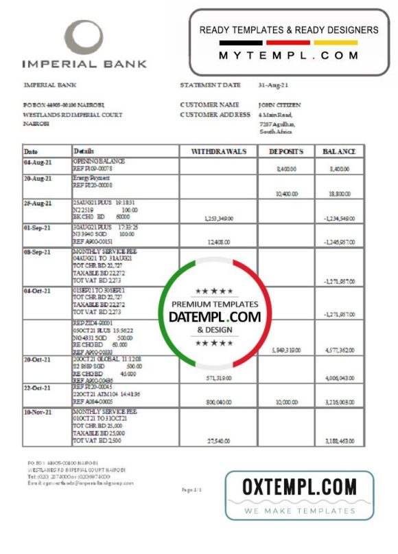 editable template, South Africa Imperial Bank statement easy to fill template in .xls and .pdf file format