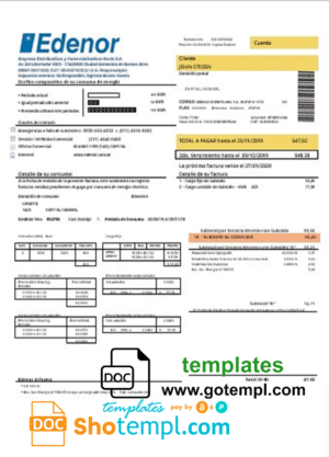 Argentina Edenor easy to fill utility bill template in Word (.doc) and PDF (.pdf) format