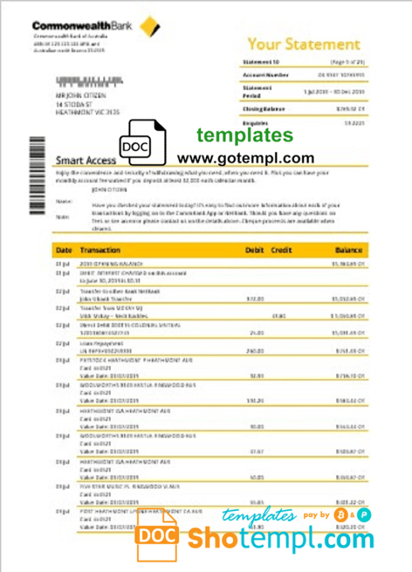 editable template, Australia Commonwealth bank statement template in Word and PDF format, good for address prove