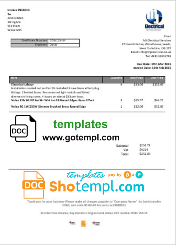 editable template, United Kingdom MJ Electrical proof of address utility bill template in Word and PDF format