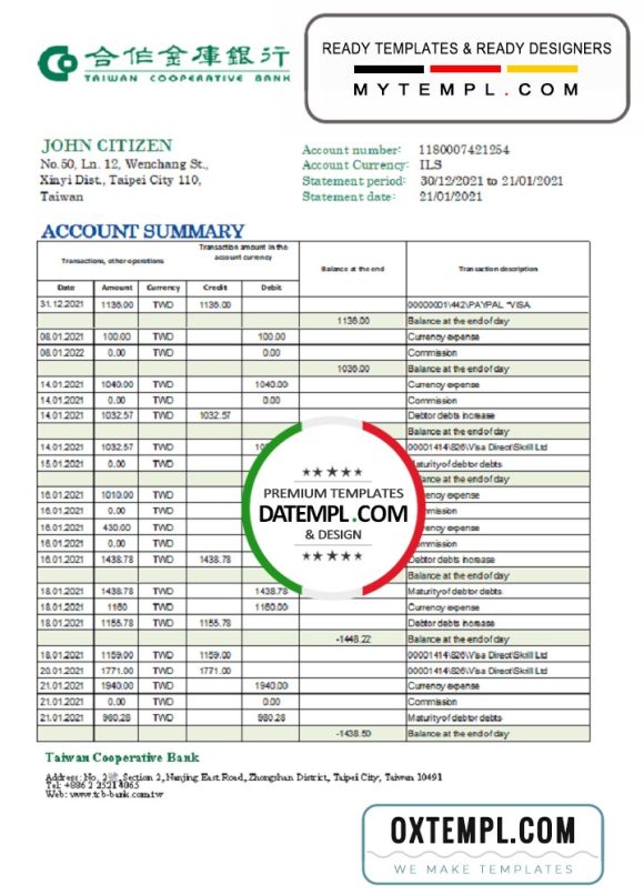 editable template, Taiwan Cooperative Bank statement easy to fill template in Excel and PDF format