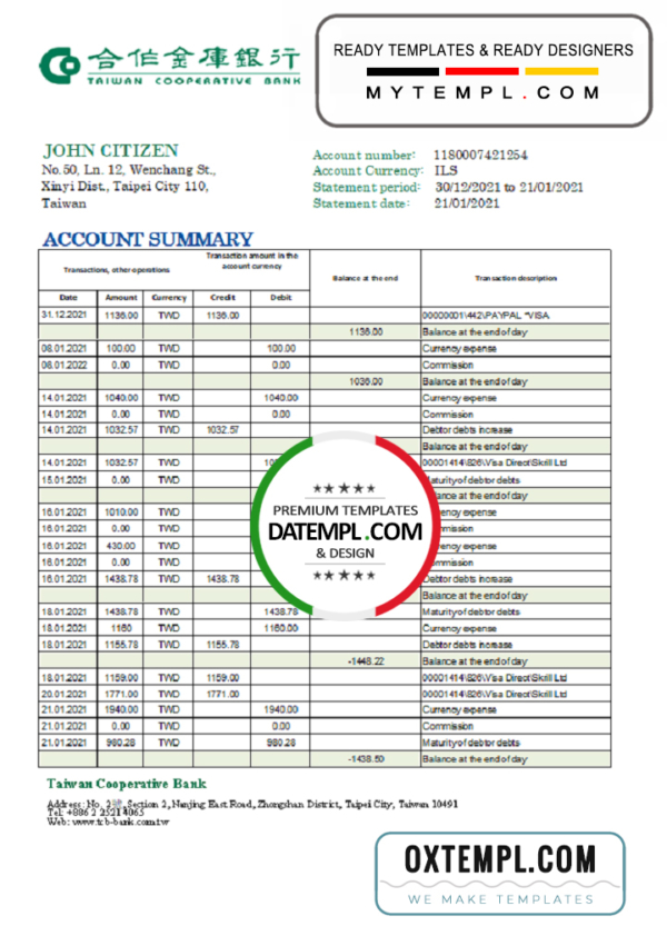 editable template, Taiwan Cooperative Bank statement easy to fill template in Excel and PDF format