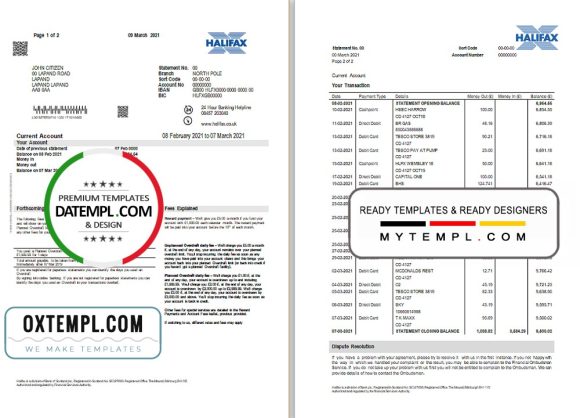 editable template, United Kingdom Halifax bank proof of address statement template in Word and PDF format (2 pages)