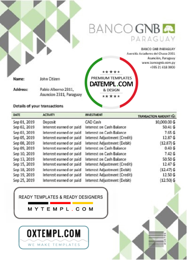 editable template, Paraguay Banco Continental S.A.E.C.A. bank statement template in Word and PDF format, good for address prove