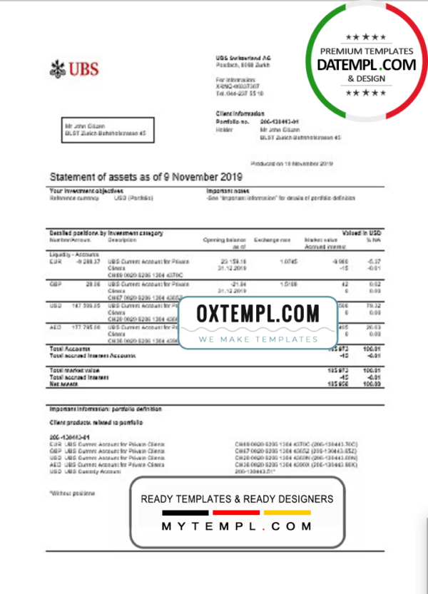 editable template, Switzerland UBS bank statement template in Word and PDF format, version 2