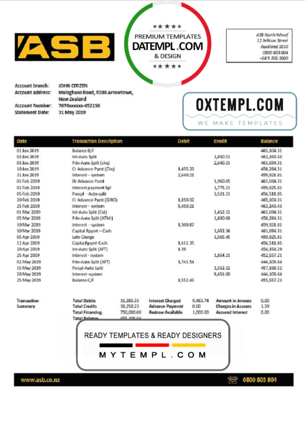 editable template, New Zealand ASB proof of addres bank statement template in Word and PDF format