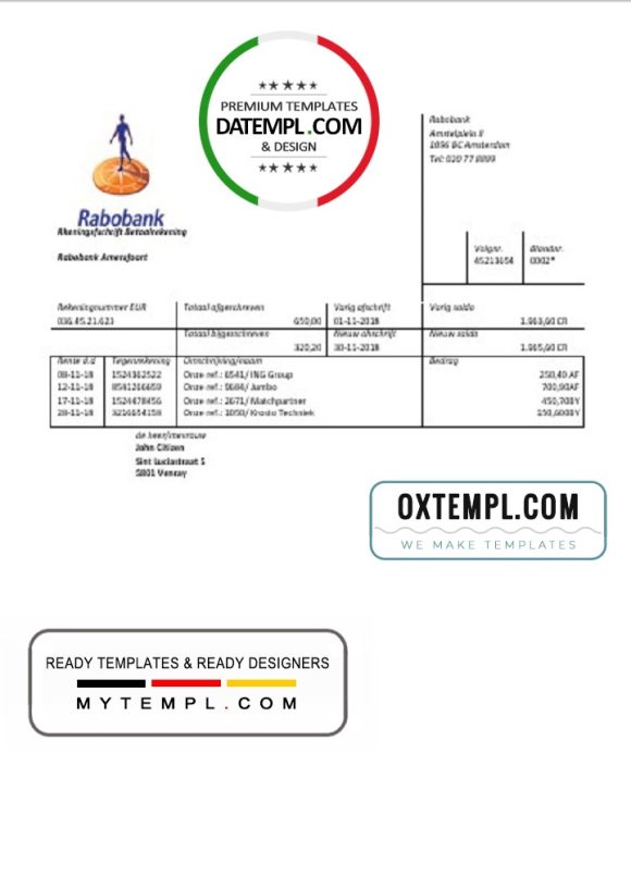 editable template, Netherlands Rabobank bank statement easy to fill template in Word and PDF format