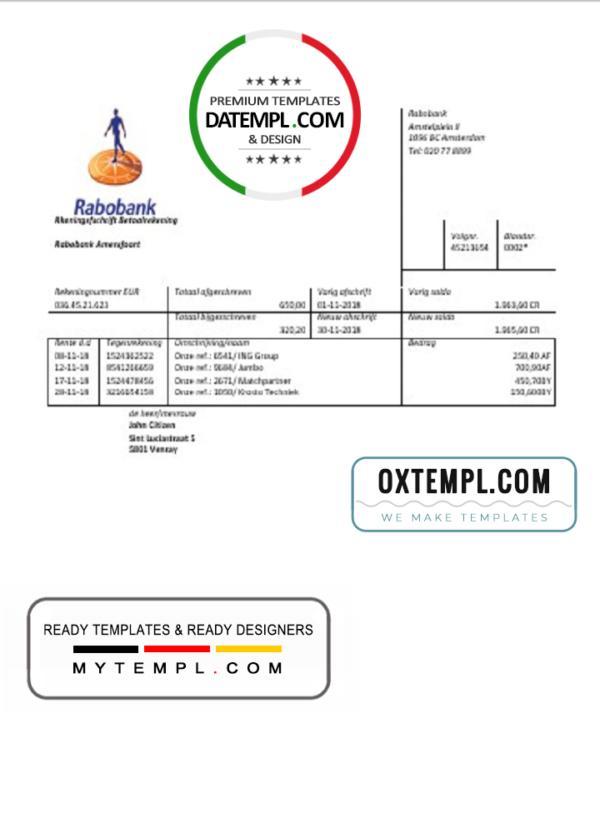 editable template, Netherlands Rabobank bank statement easy to fill template in Word and PDF format