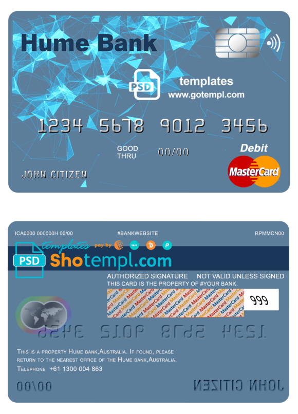 editable template, Australia Humebank bank mastercard debit card template in PSD format, fully editable