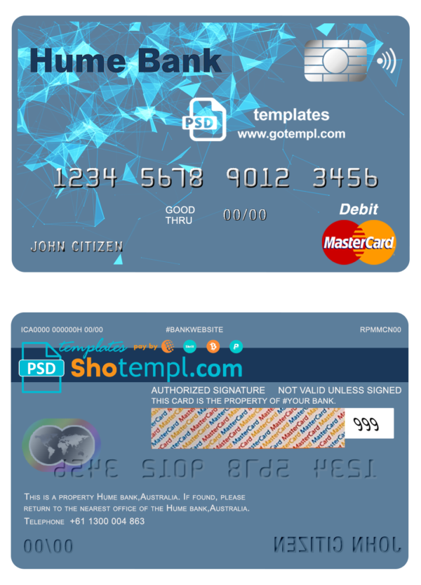 editable template, Australia Humebank bank mastercard debit card template in PSD format, fully editable
