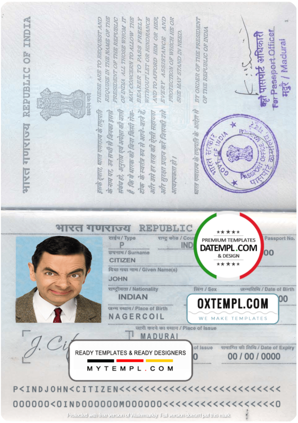 editable template, India passport template in PSD format, fully editable, with all fonts