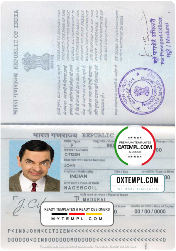 editable template, India passport template in PSD format, fully editable, with all fonts
