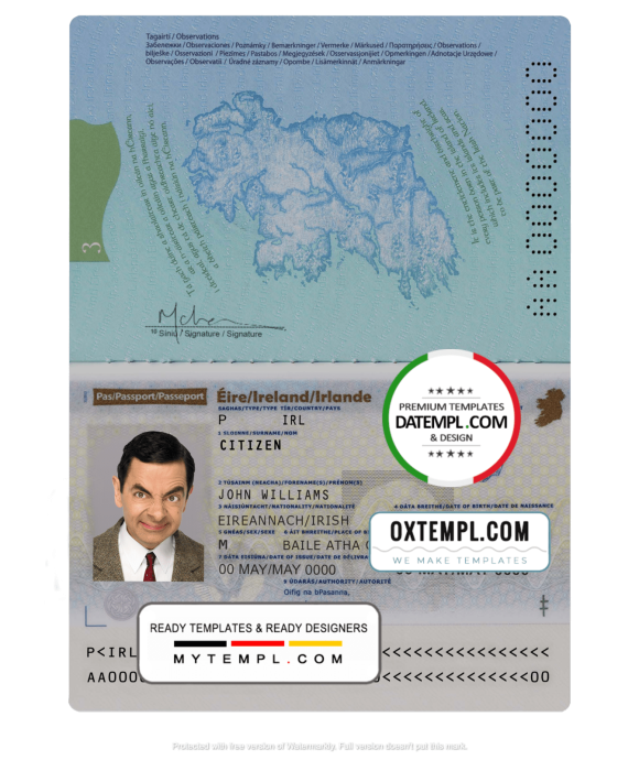 editable template, Ireland passport template in PSD format (+editable PSD photo look), fully editable, with all fonts