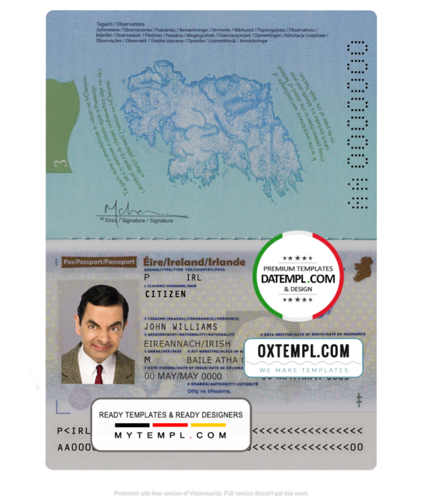 editable template, Ireland passport template in PSD format, fully editable, with all fonts