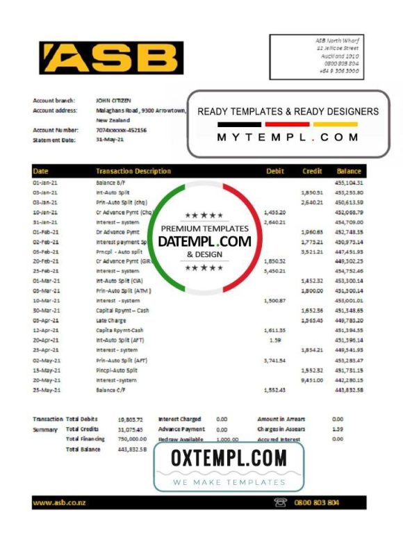 editable template, New Zealand ASB Bank statement easy to fill template in Excel and PDF format