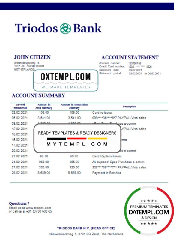editable template, Netherlands Triodos Bank statement easy to fill template in Word and PDF format